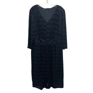 Talbots Plus Size 2X Black Midi Dress Burnout Velour Damask Black Stretch V Neck